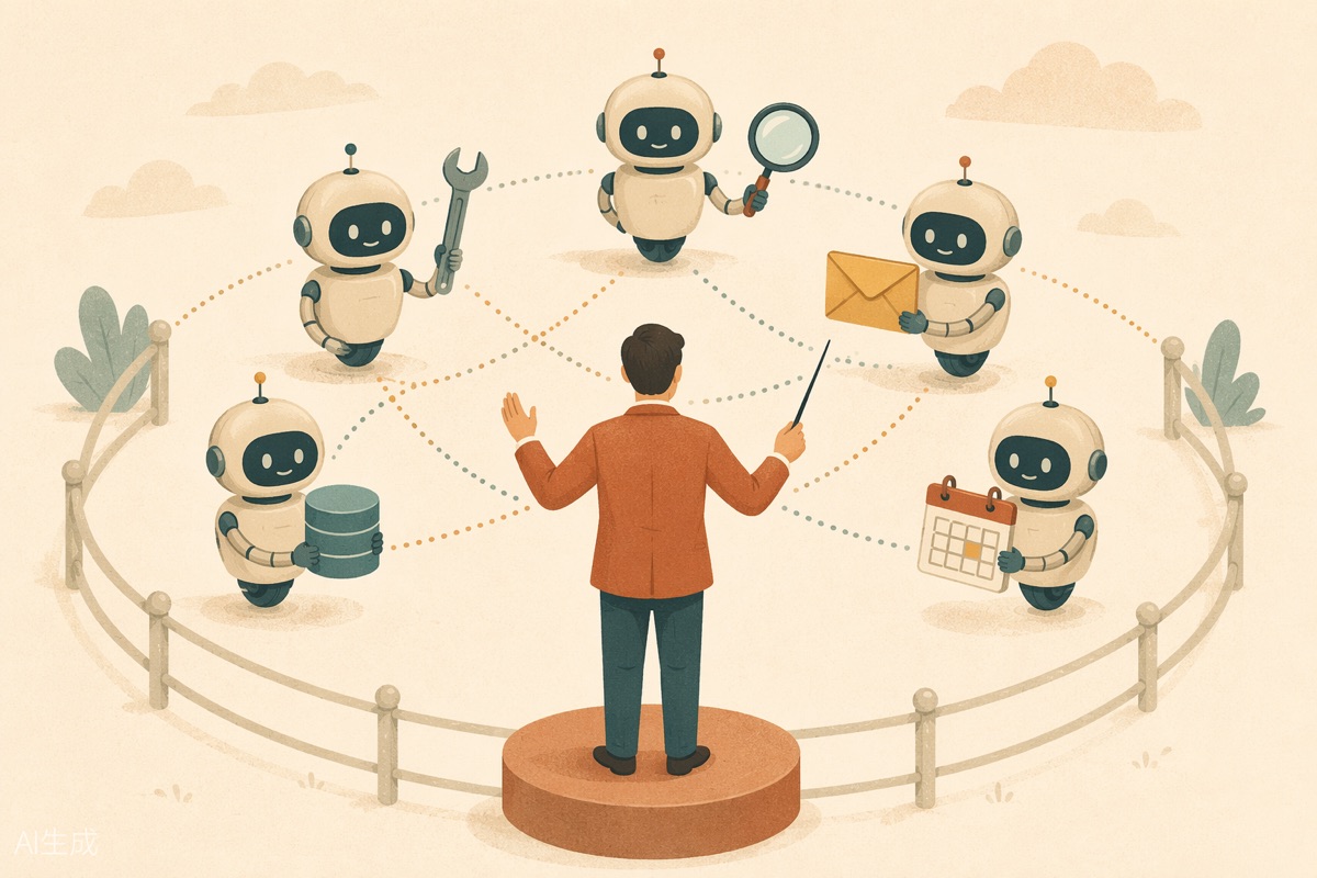 Illustration of a conductor orchestrating a circle of helper robots